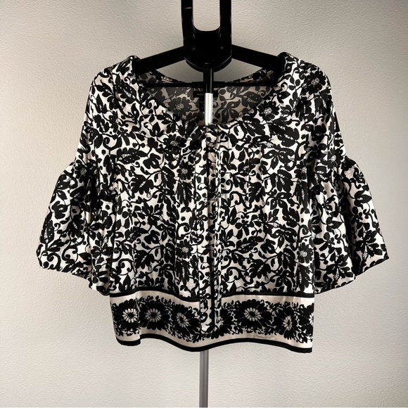 BCBG Max Azria Ruffle Sleeve Tie Neck Floral Blouse Medium - Picture 1 of 10